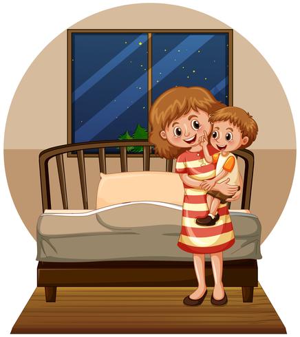 Madre e hijo en dormitorio vector