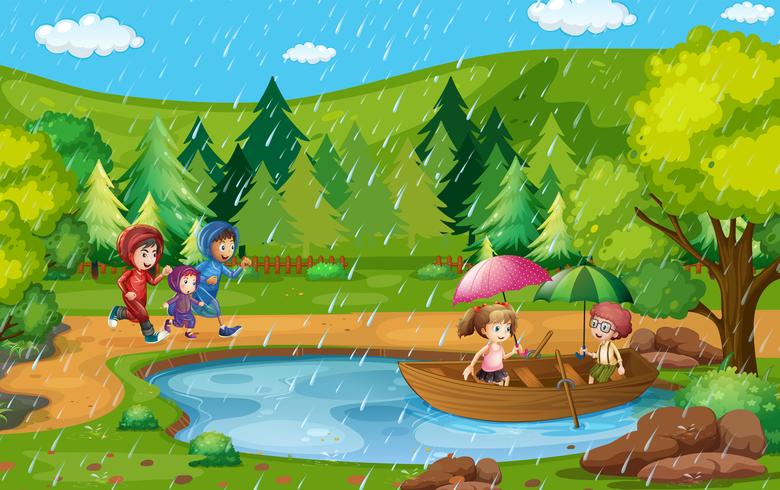 Escena del parque con niños corriendo bajo la lluvia. vector