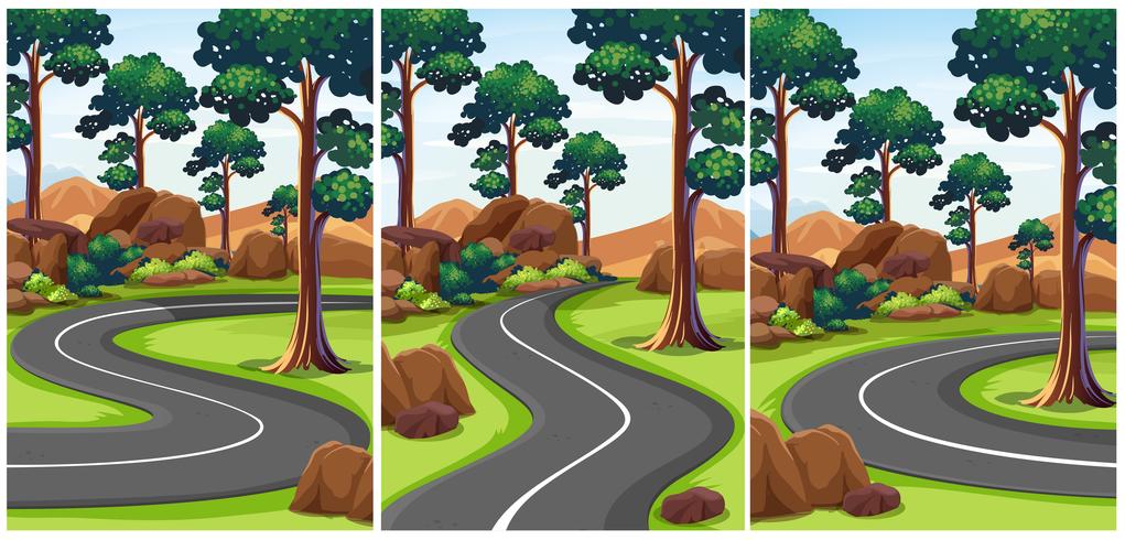 Tres escenas de parque con caminos vacíos. vector