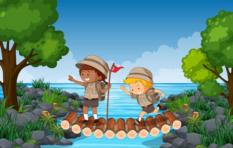 Hiking kids over a bridge over water vector