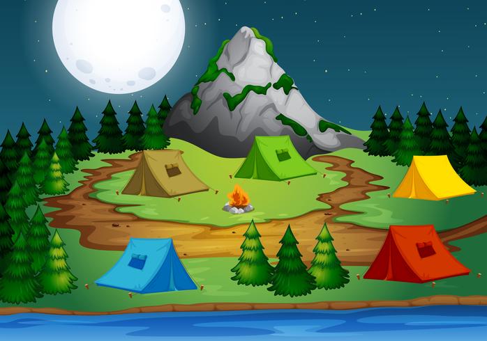 Camping en el bosque por la noche. vector