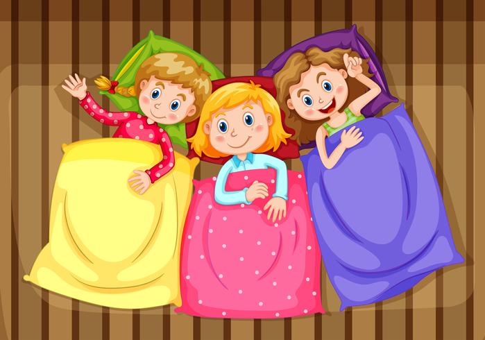 Tres chicas preparándose para la cama vector