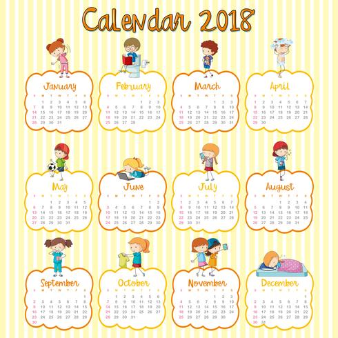 Plantilla de calendario 2018 con muchos hijos para cada mes. vector