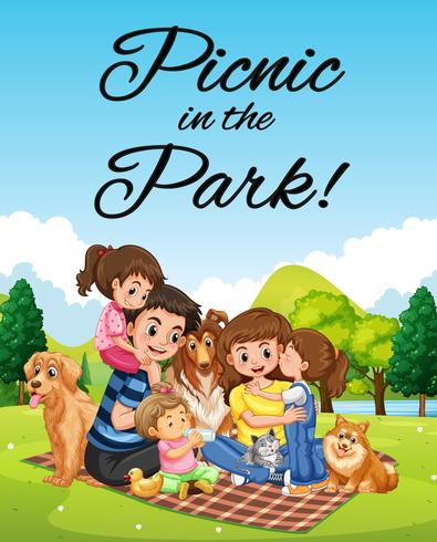 Diseño de cartel con picnic familiar en el parque. vector