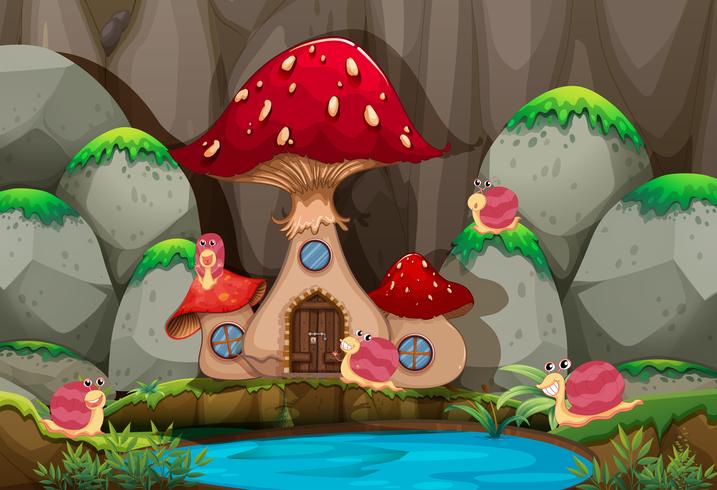 Forest scene with mushroom house by the pond vector