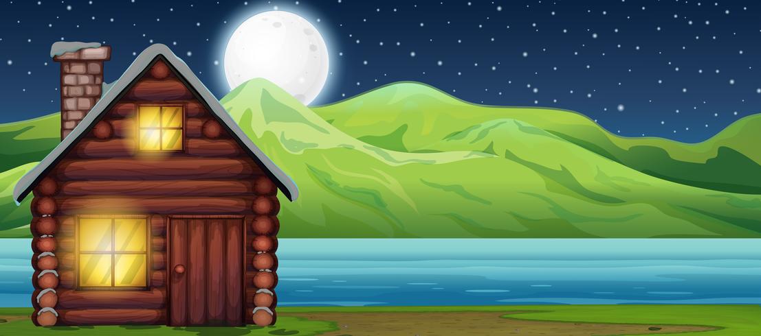 Cabin house at night scen vector