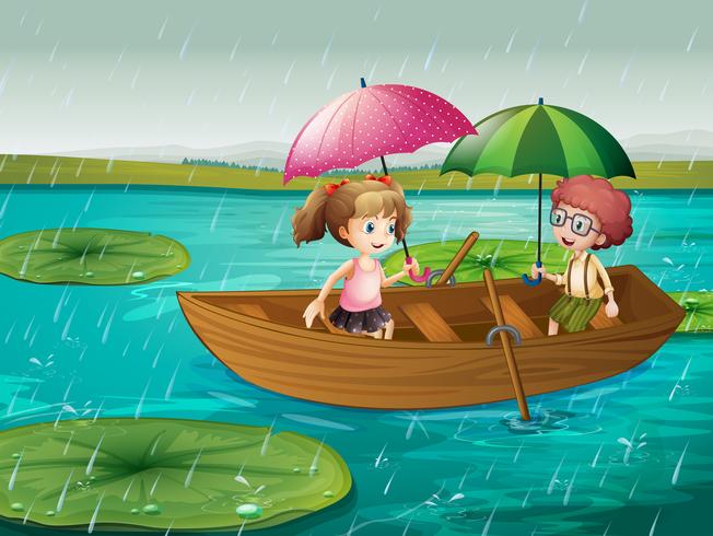 Escena con bote de remos de niño y niña bajo la lluvia vector
