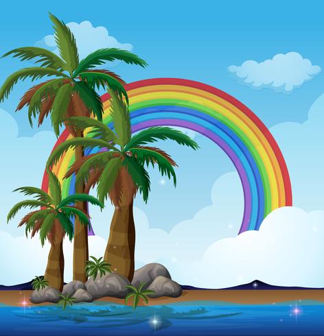 Una isla paradisíaca y un arco iris vector