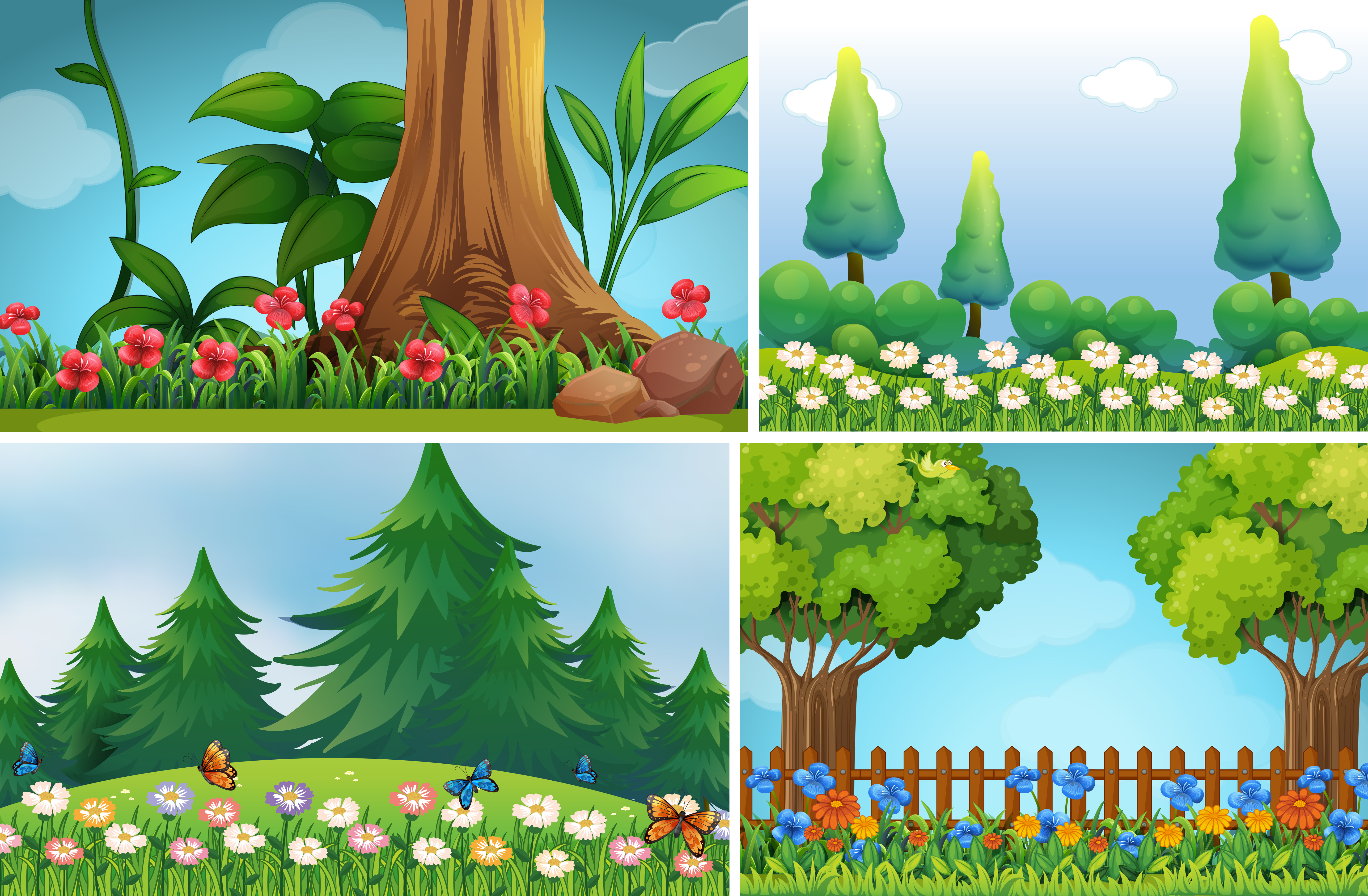 Four background scenes of garden 432993 Vector Art at Vecteezy