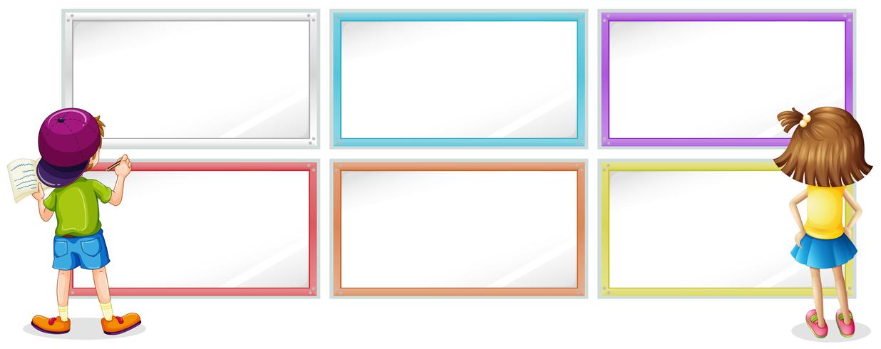 Frame template with girl and boy writing vector