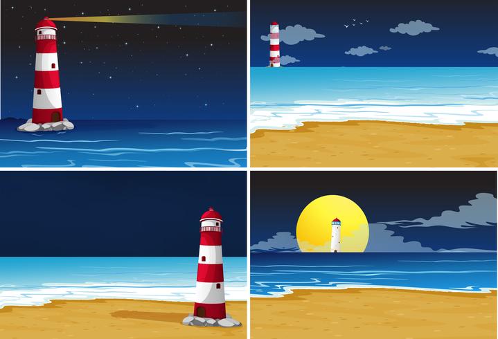 Four background scenes with lighthouse in the ocean