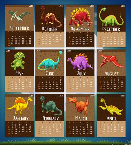 Plantilla de calendario con 12 dinosaurios. vector