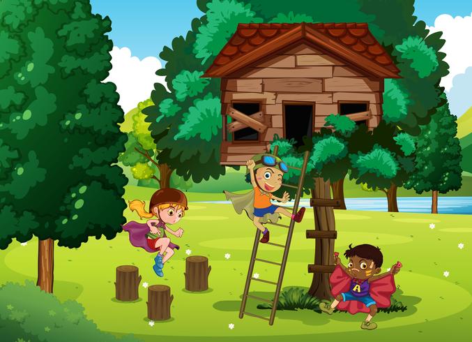 Niños jugando en la casa del árbol. vector