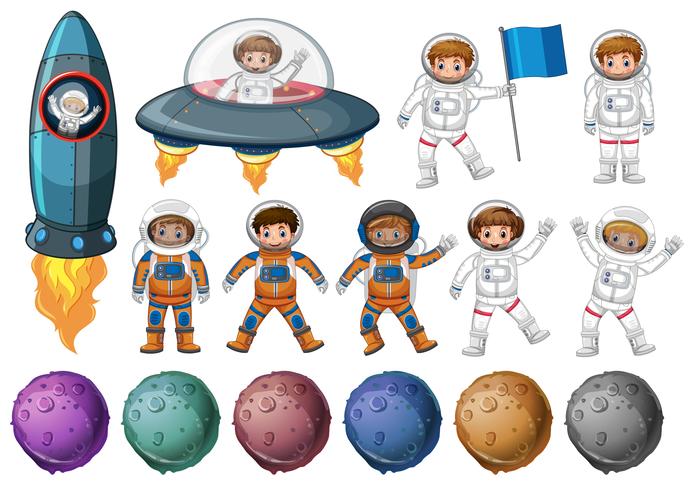 Niños en traje de astronauta y planetas diferentes. vector