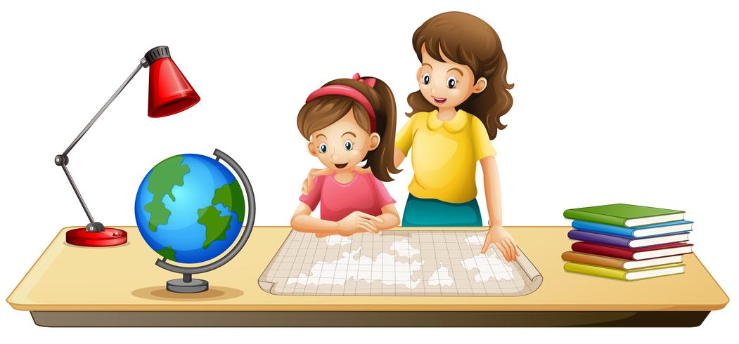 Girl looking map on table vector