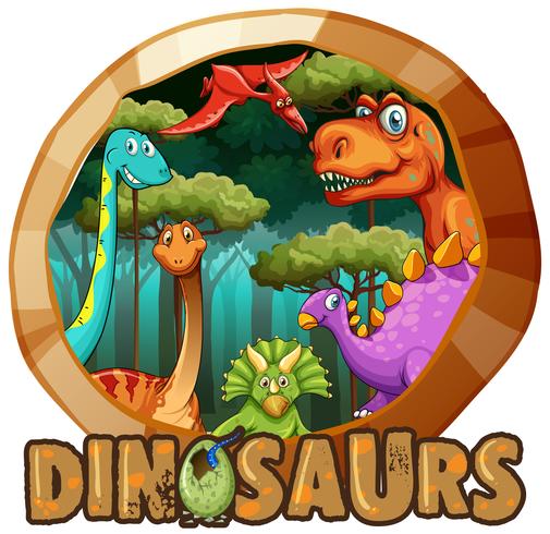 Diseño de la etiqueta con muchos dinosaurios en el bosque. vector