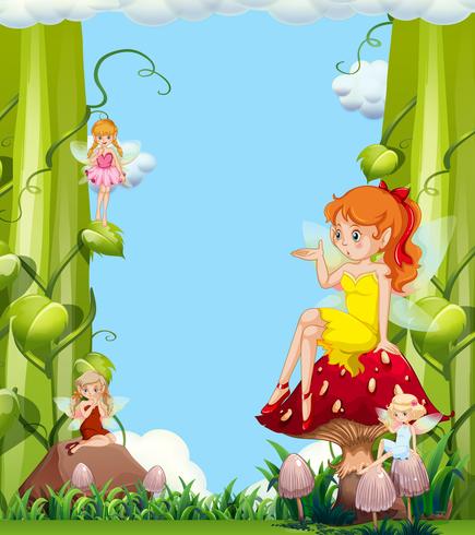 Cute fairies in mushroom garden vector