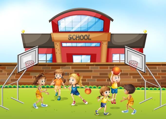 Jugador de baloncesto en el campo de la escuela vector