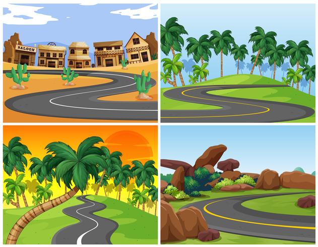 Cuatro escenas con caminos vacíos. vector