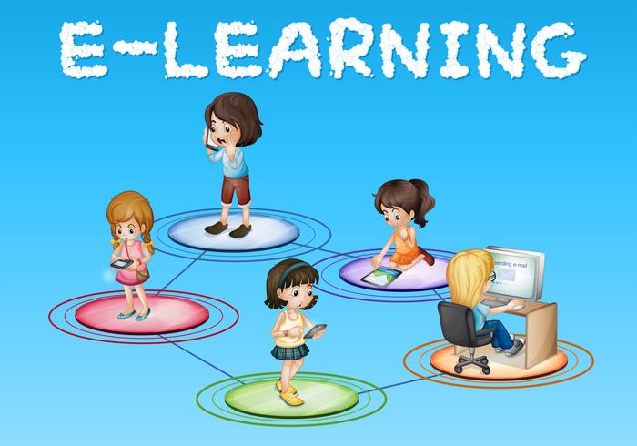 Girls and e-learning icon vector