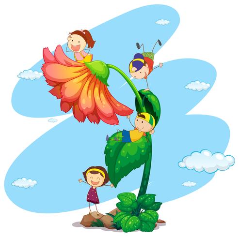 Cuatro niños en la flor gigante. vector