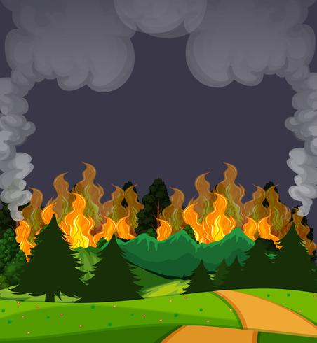 Una escena del bosque de incendios forestales en la noche vector