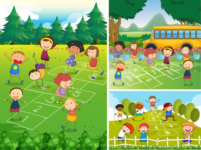 Children playing hopscotch in the park vector