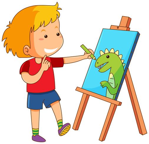 Boy drawing dragon on canvas vector