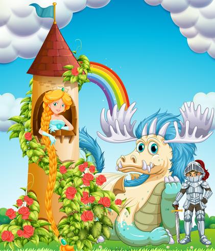 Princess in tower with knight and dragon vector