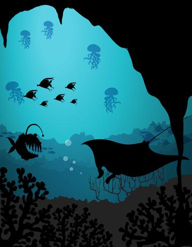 Silhouette scene with sea creatures underwater vector