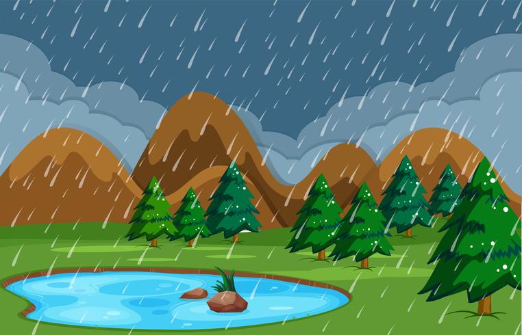 Rainy night at pond nature vector