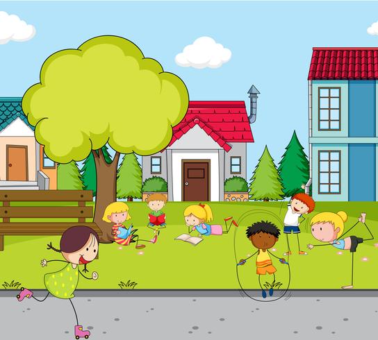 Children playing at the house field vector