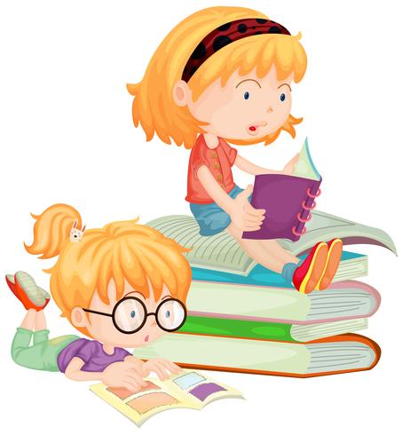 Dos niños leyendo libros en la escuela. vector