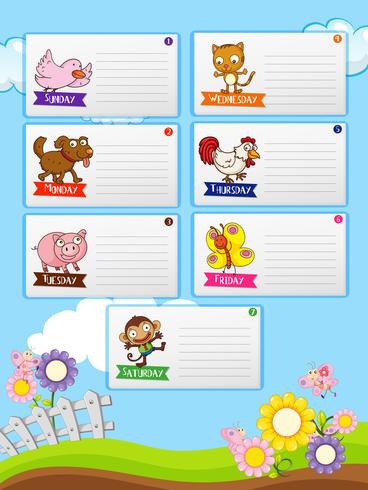 Farm animals and seven days of the week notes vector