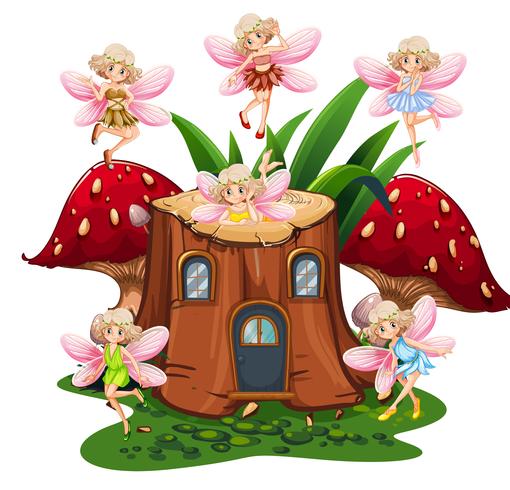 Six fairies flying around log home in garden - Download Free Vectors,  Clipart Graphics & Vector Art