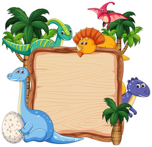 Muchos dinosaurios en banner de madera vector