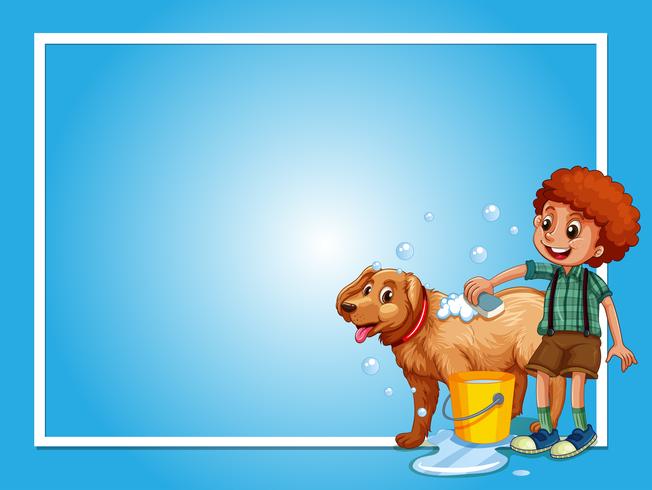 Border template with boy washing dog vector