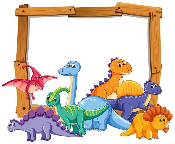 Different dinosaur on wooden frame vector