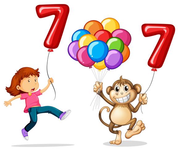 Girl and monkey with balloon number seven vector