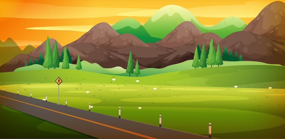 Camino de campo con hermosa escena de montaña vector