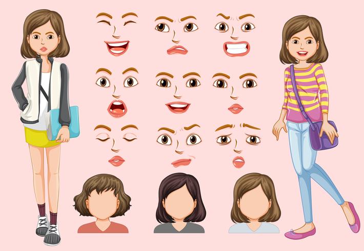 Conjunto de linda chica con diferentes expresiones faciales. vector