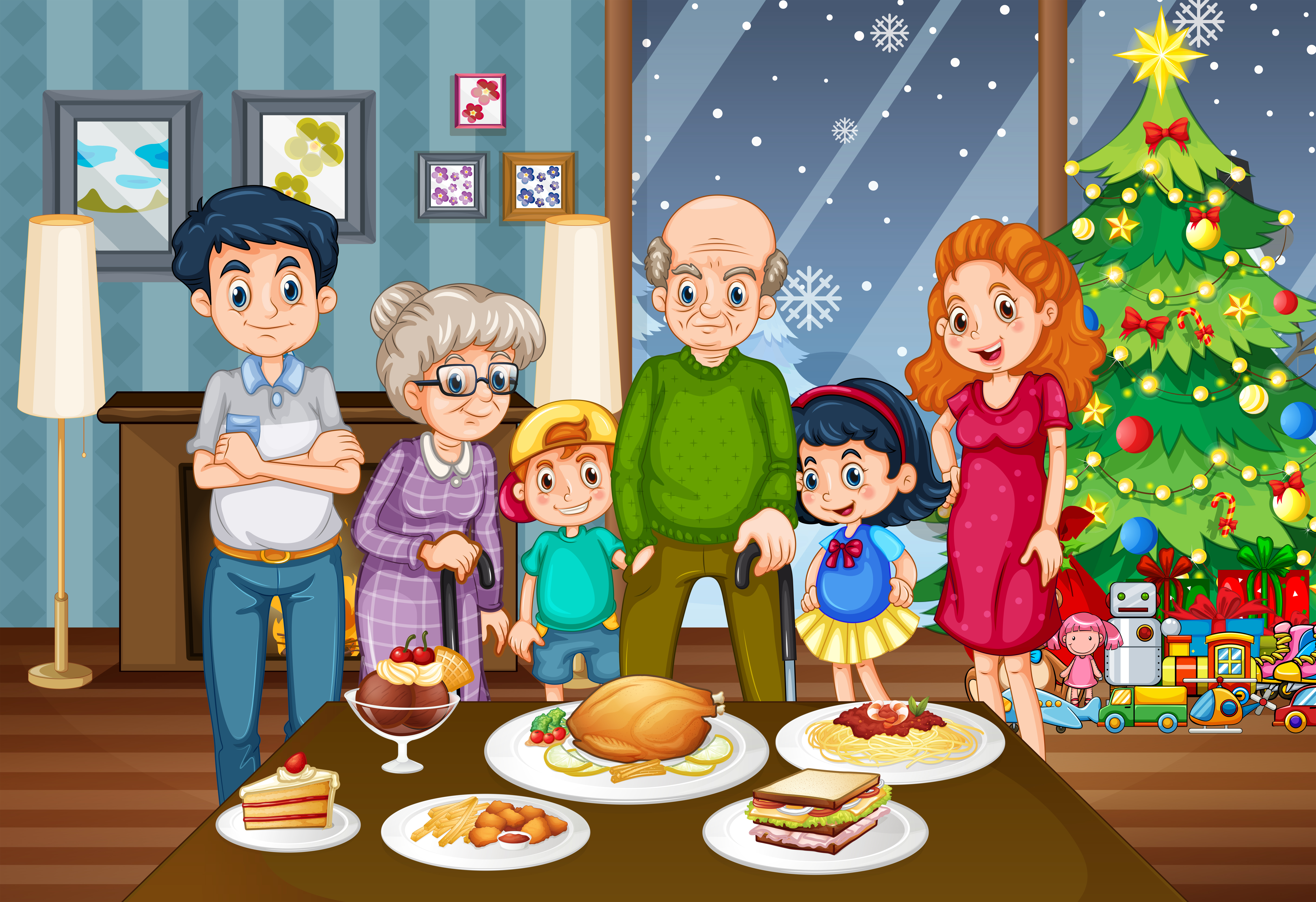 Иллюстрация новогодний стол семья