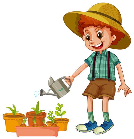 Un niño regando las plantas vector