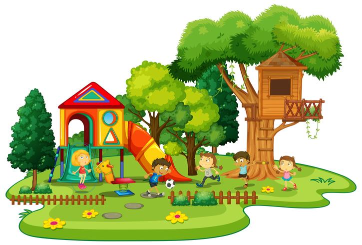 Escena de parque infantil con niños jugando vector