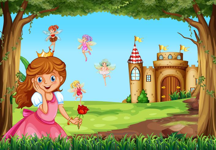 Cute princess and fairies in garden vector