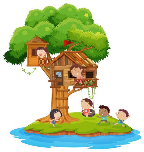 Niños jugando en la casa del árbol. vector