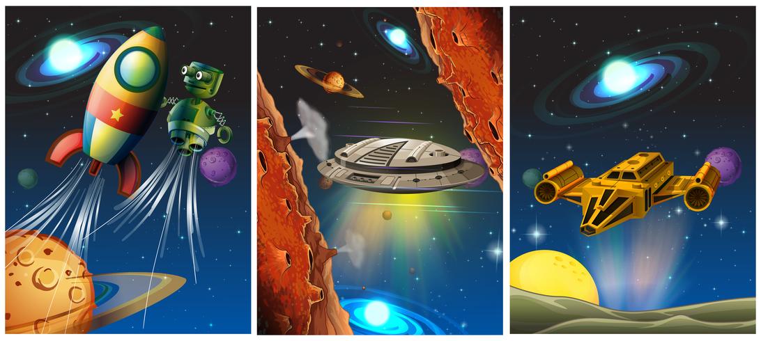 Three scenes with spaceship and robot in space vector