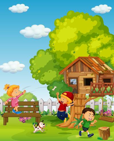 Three kids playing in the park at day time vector