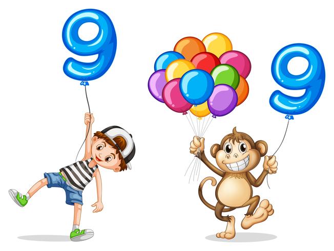 Niño y mono con globos para nueve. vector