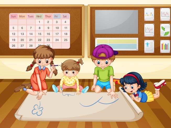 Children drawing on paper in classroom vector